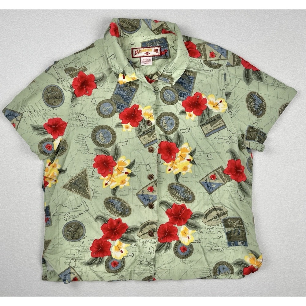 Caribbean Joe Floral‎ Map Hawaiian Shirt Size Large Green Red Hibiscus Travel